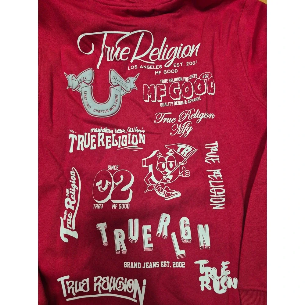 True Religion Mens Zip Up Hoodie Red Graphic Back Logo Sweatshirt Large New